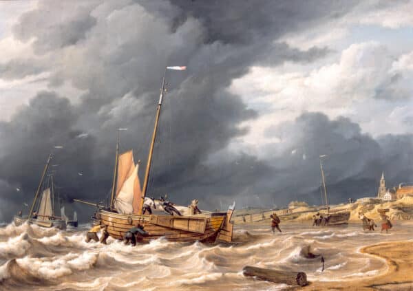 NICOLAAS BAUR - VISSERSSCHEPEN OP HET STRAND VAN SCHEVINGEN