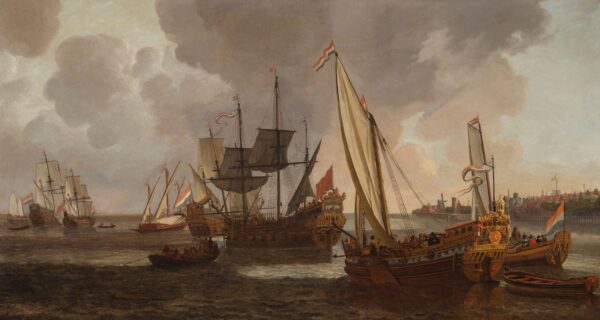 LIEVE PIETERSZ. VERSCHUIER - VOOR ANKER LIGGENDE JACHTEN, MET EEN GEZICHT OP ROTTERDAM EN DE BOOMPJES DAARACHTER