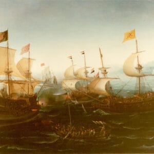 HENDRICK CORNELISZ. VROOM - Een Spaans galjoen in gevecht met twee Nederlandse schepen