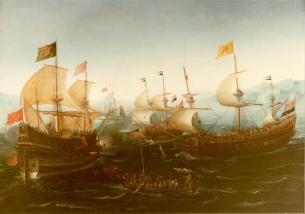 HENDRICK CORNELISZ. VROOM - Een Spaans galjoen in gevecht met twee Nederlandse schepen