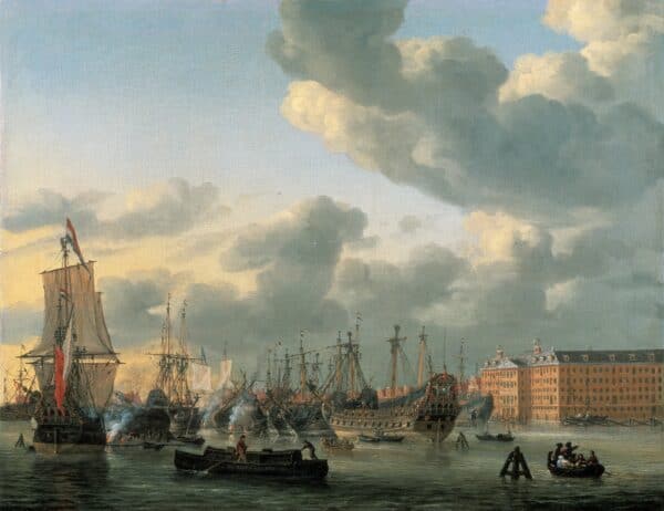 REINIER NOOMS ALIAS ZEEMAN - GEZICHT OP HET IJ BIJ LAAG WATER VOOR HET MARINEARSENAAL TE AMSTERDAM IN 1664