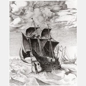 FRANS HUYS naar PIETER BRUEGHEL DE OUDERE- OORLOGSSCHIP MET DE INSCRIPTIE ‘DIE SCIP 1564’.