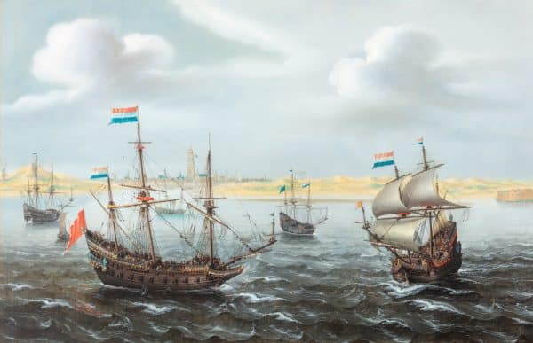 CORNELIS ISAACZ VERBEECK genaamd SMIT-DE BLOKKADE VAN HET KAPERSNEST BIJ DUINKERKEN met de ‘Vlieghende Groene Draeck’