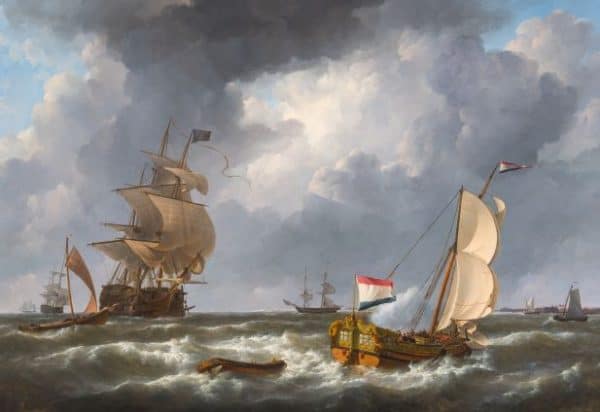 JOHANNES CHRISTIAAN SCHOTEL -  EEN STATENJACHT MET EEN OORLOGSSCHIP VOOR DE HAVEN VAN VLISSINGEN