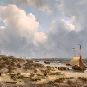 JOHANNES CHRISTIAAN SCHOTEL - HET LOSSEN VAN DE VANGST OP HET STRAND VAN SCHEVENINGEN
