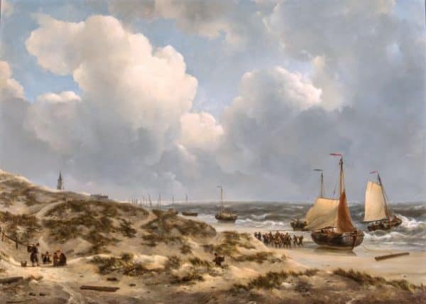 JOHANNES CHRISTIAAN SCHOTEL - HET LOSSEN VAN DE VANGST OP HET STRAND VAN SCHEVENINGEN