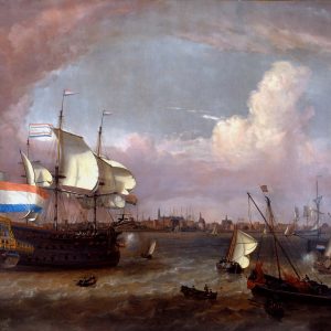 JAN CLAESZ RIETSCHOOF-HET PAS VOLTOOIDE OORLOGSSCHIP DE ‘BESCHERMER’ VOOR DE HAVEN VAN HOORN