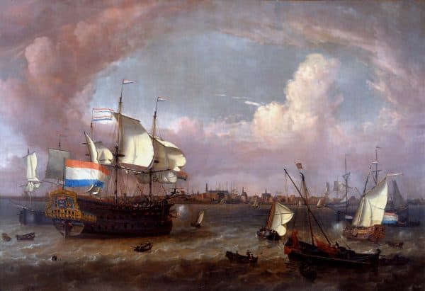 JAN CLAESZ RIETSCHOOF-HET PAS VOLTOOIDE OORLOGSSCHIP DE ‘BESCHERMER’ VOOR DE HAVEN VAN HOORN
