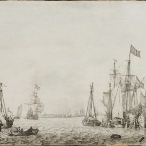 WILLEM VAN DE VELDE DE OUDE - GEZICHT OP HET IJ VANUIT DE OUDE STADSHERBERG TE AMSTERDAM