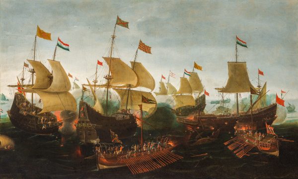 ANDRIES VAN EERTVELT - ZEEGEVECHT TUSSEN SPAANSE GALEIEN EN HOLLANDSE OORLOGSSCHEPEN, 1602
