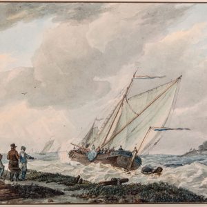 JOHANNES HERMANUS KOEKKOEK - EEN BINNENSCHIP VOOR DE KUST IN WOELIG WATER