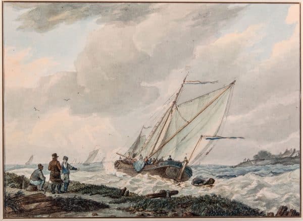 JOHANNES HERMANUS KOEKKOEK - EEN BINNENSCHIP VOOR DE KUST IN WOELIG WATER