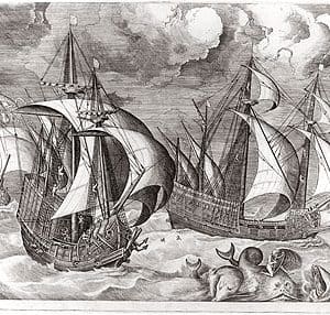FRANS HUYS naar PIETER BRUEGHEL I - DRIE OORLOGSSCHEPEN IN EEN STORM