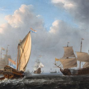 WILLEM VAN DE VELDE DE JONGE - EEN STATENJACHT VAN DE ADMIRALITEIT VAN AMSTERDAM DIE EEN HOLLANDSE TWEEDEKKER TEGEMOET VAART