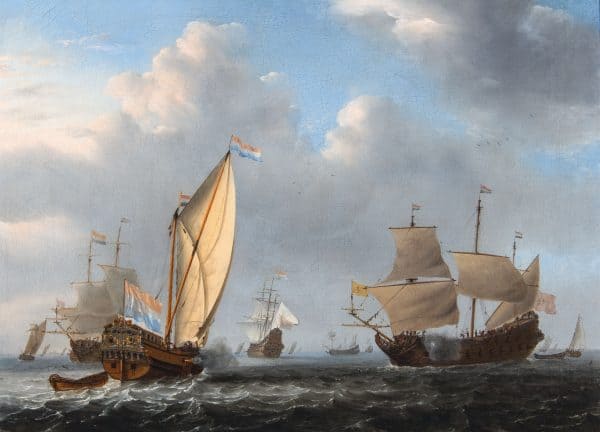 WILLEM VAN DE VELDE DE JONGE - EEN STATENJACHT VAN DE ADMIRALITEIT VAN AMSTERDAM DIE EEN HOLLANDSE TWEEDEKKER TEGEMOET VAART