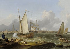 LUDOLF BACKHUYSEN - EEN JACHT EN ANDERE SCHEPEN OP DE RIVIER DE EEMS