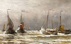 HENDRIK WILLEM MESDAG - DE SCHEVENINGSE VISSERSVLOOT OP WEG NAAR ZEE BIJ ZWAAR WEER