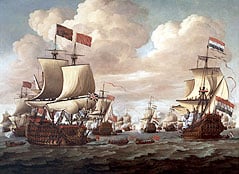 WILLEM VAN DE VELDE DE OUDE - De 'Gouden Leeuw', de 'Gouda' en de 'Prince' tussen andere schepen op zee bij een matig briesje