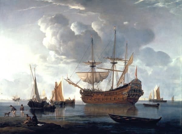 HENDRICK JACOBSZ. DUBBELS - HET OORLOGSSCHIP DE 'MAARSSEVEEN' VOOR ANKER IN EEN ZEEARM