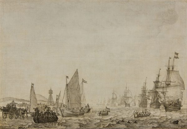 WILLEM VAN DE VELDE DE OUDE - NEDERLANDSE SCHEPEN ONDERWEG IN EEN MATIGE BRIES VANAF DE ANKERPLAATS BIJ VLIELAND ca. 1645