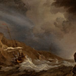 WILLEM VAN DE VELDE DE JONGE - TWEE ENGELSE SCHEPEN IN EEN STORM BIJ EEN ROTSACHTIGE KUST