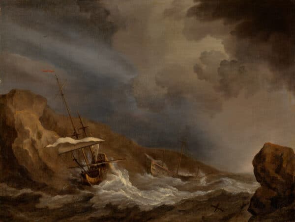 WILLEM VAN DE VELDE DE JONGE - TWEE ENGELSE SCHEPEN IN EEN STORM BIJ EEN ROTSACHTIGE KUST