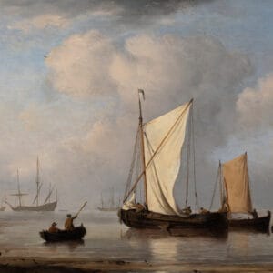 WILLEM VAN DE VELDE DE JONGE - EEN KALME ZEE MET DRIEDEKKERS, EEN KAAG EN EEN SMALSCHIP VOOR DE HOLLANDSE KUST