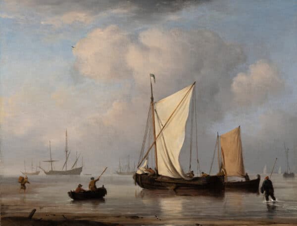 WILLEM VAN DE VELDE DE JONGE - EEN KALME ZEE MET DRIEDEKKERS, EEN KAAG EN EEN SMALSCHIP VOOR DE HOLLANDSE KUST