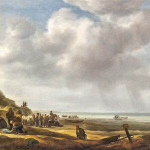 SIMON DE VLIEGER-Een strandtafereel met vissers die hun vangst presenteren voor het lichtbaken bij Zandvoort