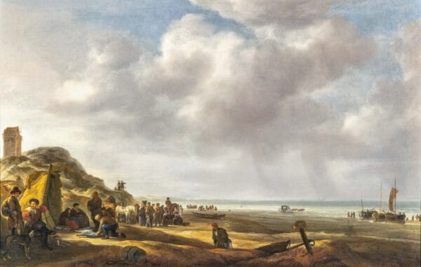 SIMON DE VLIEGER-Een strandtafereel met vissers die hun vangst presenteren voor het lichtbaken bij Zandvoort