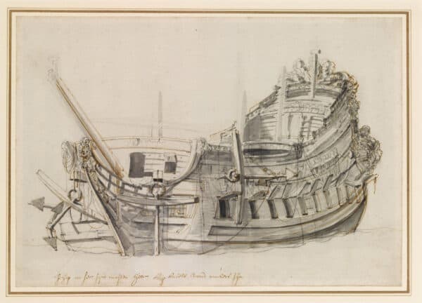 WILLEM VAN DE VELDE DE JONGE- PORTRET VAN EEN NEDERLANDSE TWEEDEKKER IN ISOMETRISCH PERSPECTIEF, CA. 1665
