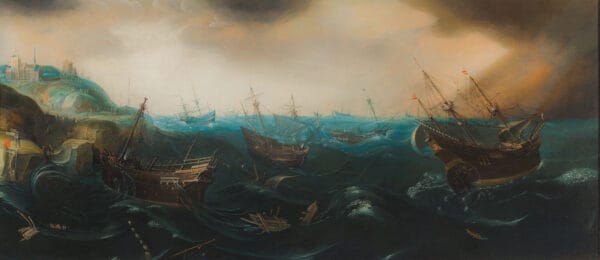 TOEGESCHREVEN AAN CORNELIS CLAESZ VAN WIERINGEN-DE NEDERLANDSE EN ENGELSE VLOOT IN GEVECHT MET OP DE VOORGROND TWEE ZEEMONSTERS - Afbeelding 4
