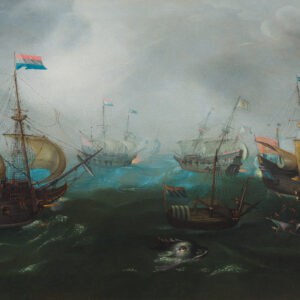 TOEGESCHREVEN AAN CORNELIS CLAESZ VAN WIERINGEN-DE NEDERLANDSE EN ENGELSE VLOOT IN GEVECHT MET OP DE VOORGROND TWEE ZEEMONSTERS