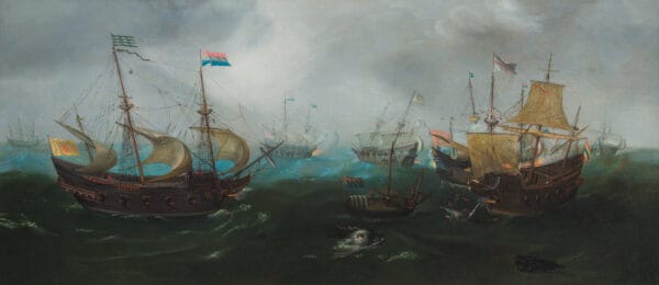 TOEGESCHREVEN AAN CORNELIS CLAESZ VAN WIERINGEN-DE NEDERLANDSE EN ENGELSE VLOOT IN GEVECHT MET OP DE VOORGROND TWEE ZEEMONSTERS