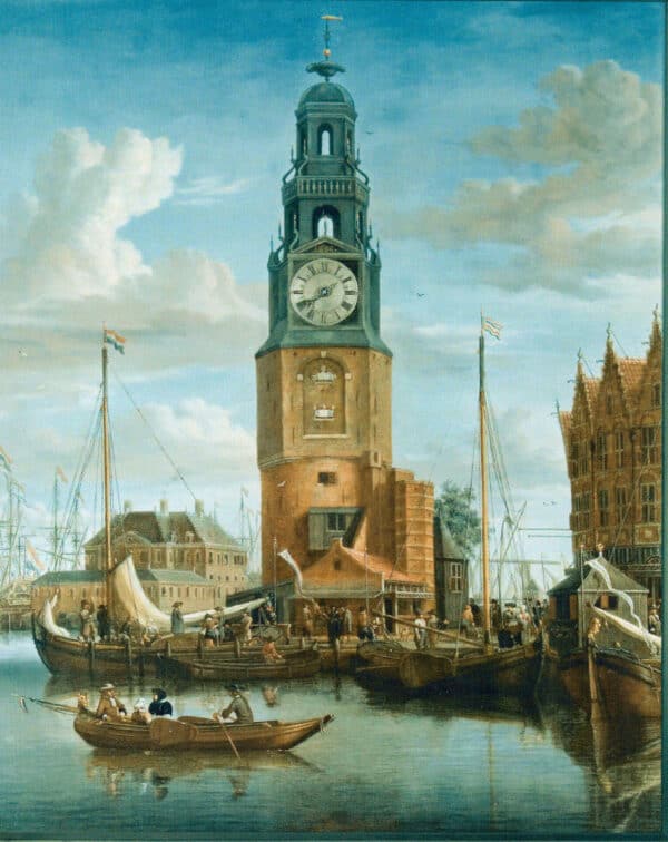 JACOBUS STORCK- DE HARINGPAKKERSTOREN IN AMSTERDAM MET INGEBOUWD UURWERK